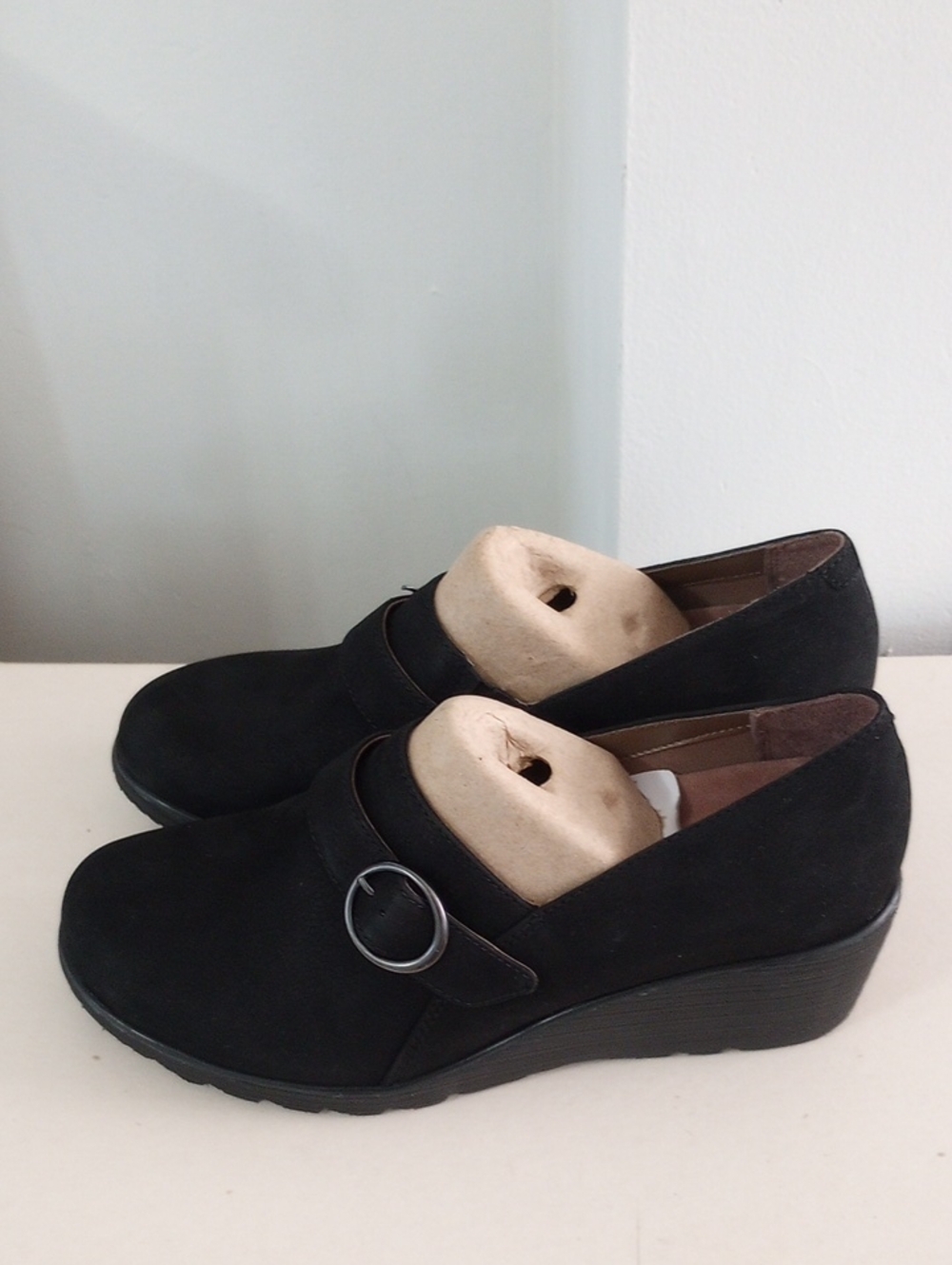 Dansko Clio Nubuck  Black Suede Wedge Loafers with Silver Buckle EU 40